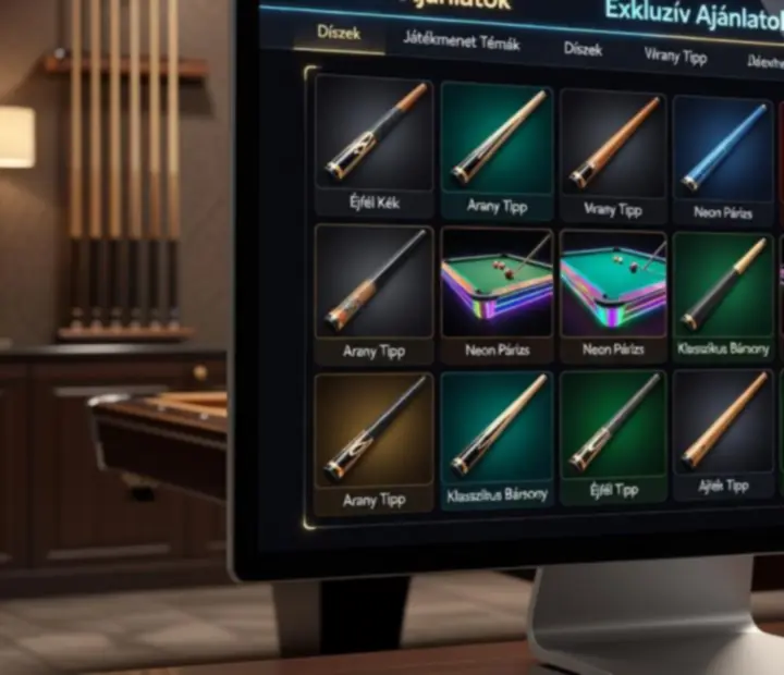 8 Ball Pool játékbeli bolt különböző dákókkal és tárgyakkal